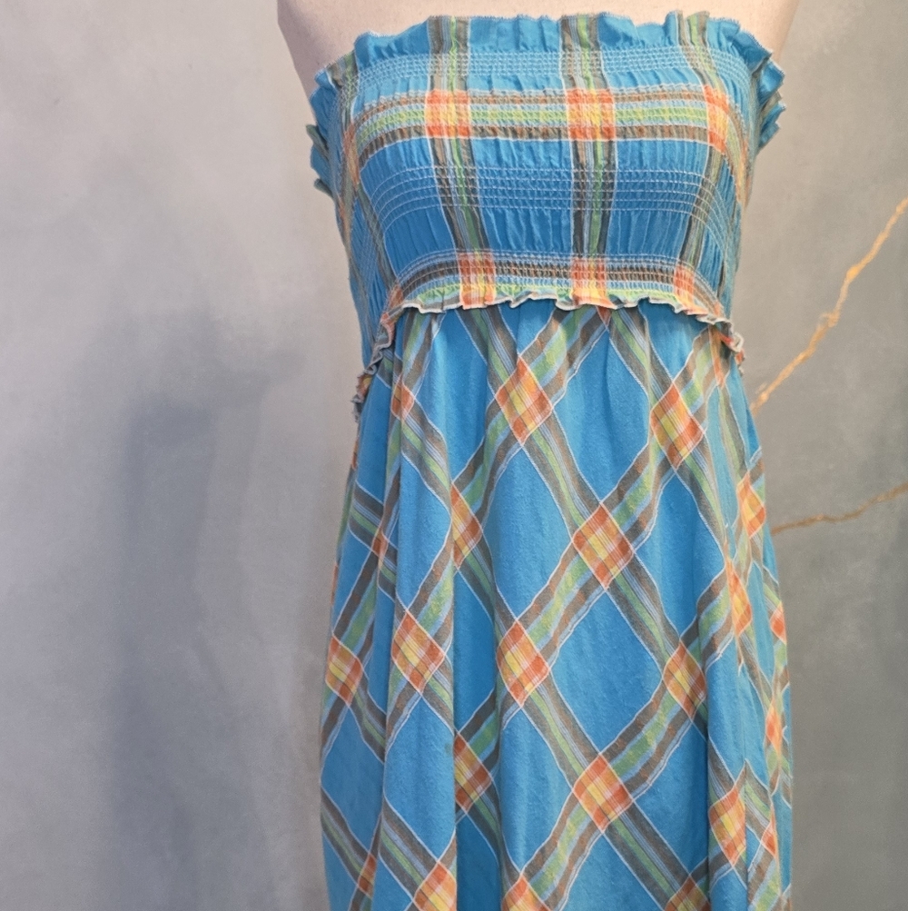 Victoria Secret Y2k Smocked Blue Orange Plaid Cotton Strapless Sun Dress Skirt S